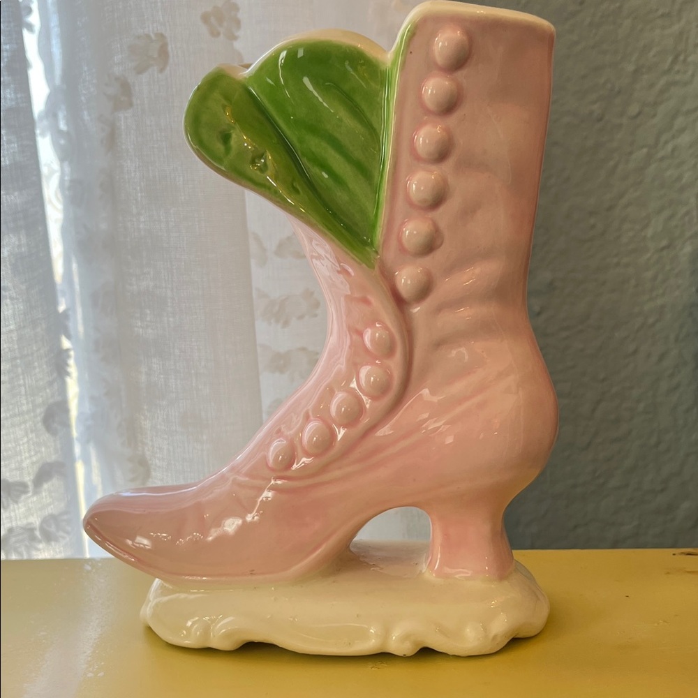 Vintage ceramic Victorian-style boot vase likely from the late 1940s early 50s